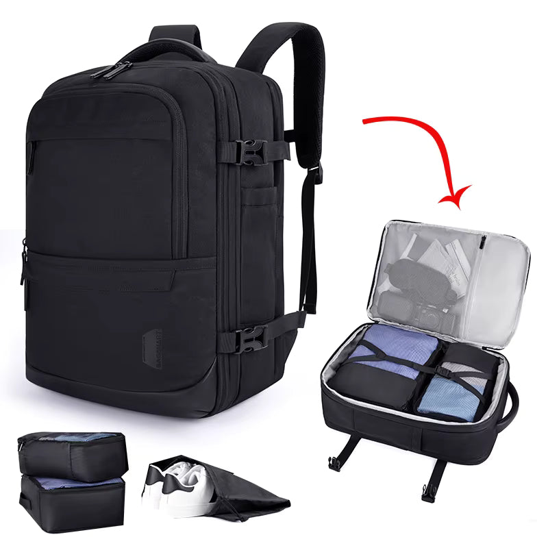 Sac à dos voyage Bag-Smart-RC noir fermé et ouvert à plat, avec deux cubes de rangement maintenus par des sangles croisées.