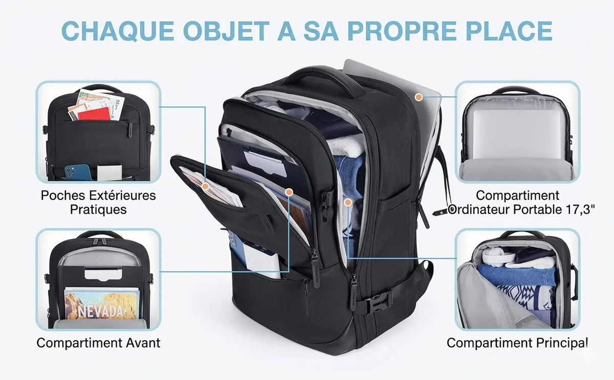 Sac à dos voyage Bag-Smart-RC noir ouvert, avec poches avant, rangement pour vêtements et compartiment ordinateur 17,3 pouces.