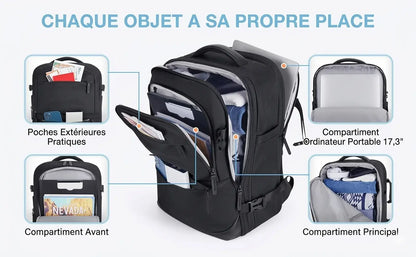 Sac à dos voyage Bag-Smart-RC noir ouvert, avec poches avant, rangement pour vêtements et compartiment ordinateur 17,3 pouces.