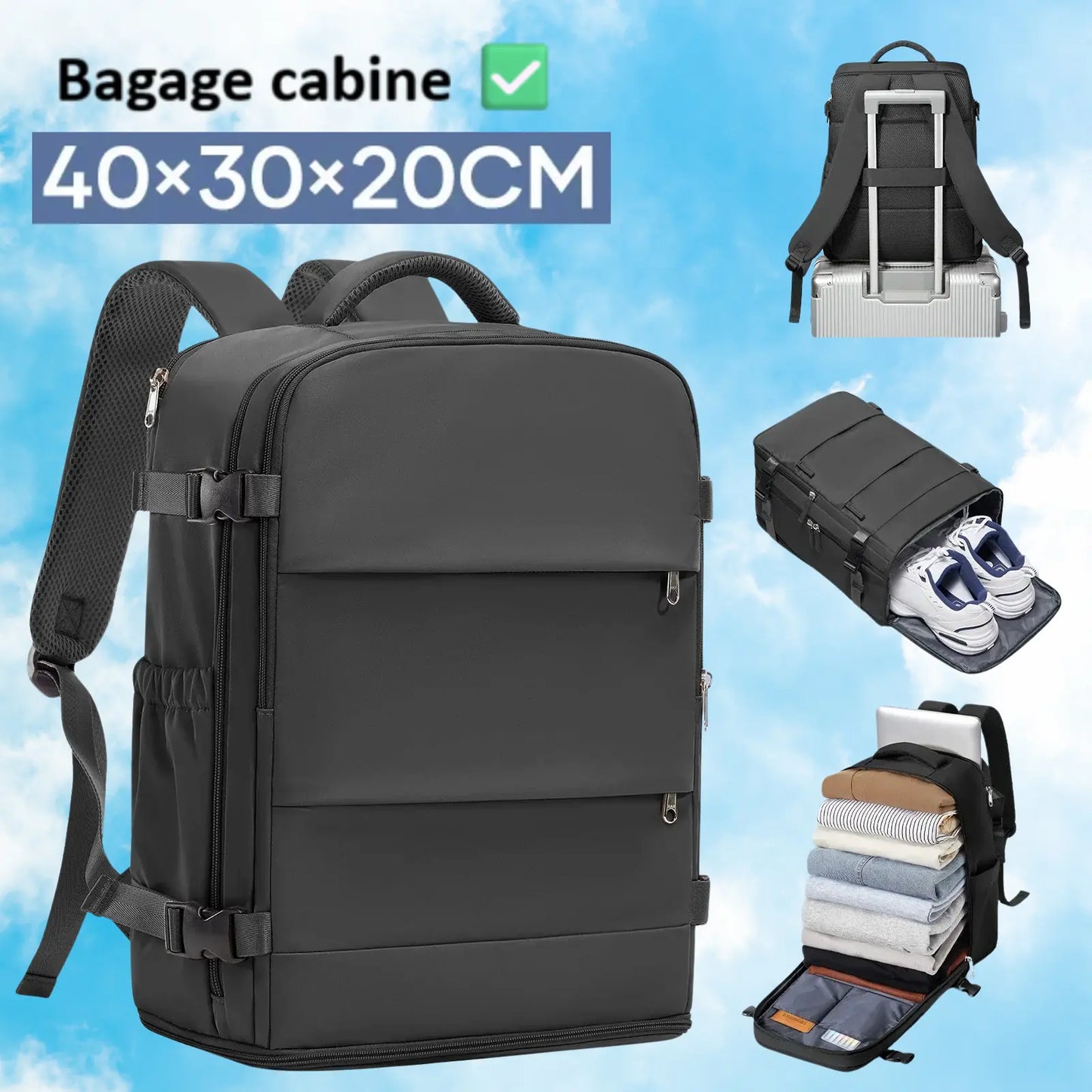 Sac à dos voyage cabine 40x30x20 Urban Fly™ utilisé comme bagage cabine avion conforme Ryanair et Wizz Air, sac à dos compact avec compartiment ordinateur portable, grande capacité 20 à 35 litres, organisation intérieure optimisée et dos confortable pour voyager sans frais supplémentaires
