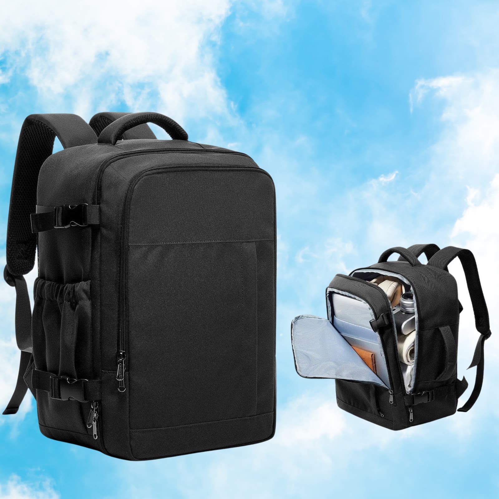 Sac a dos voyage cabine 40x30x20 Sky Biz™ utilise comme bagage cabine avion conforme Ryanair et Wizz Air, sac a dos ultra leger avec compartiment ordinateur portable 15,6 pouces, organisation interieure pratique, design geometrique moderne et confort dorsal pour voyages d’affaires et courts sejours