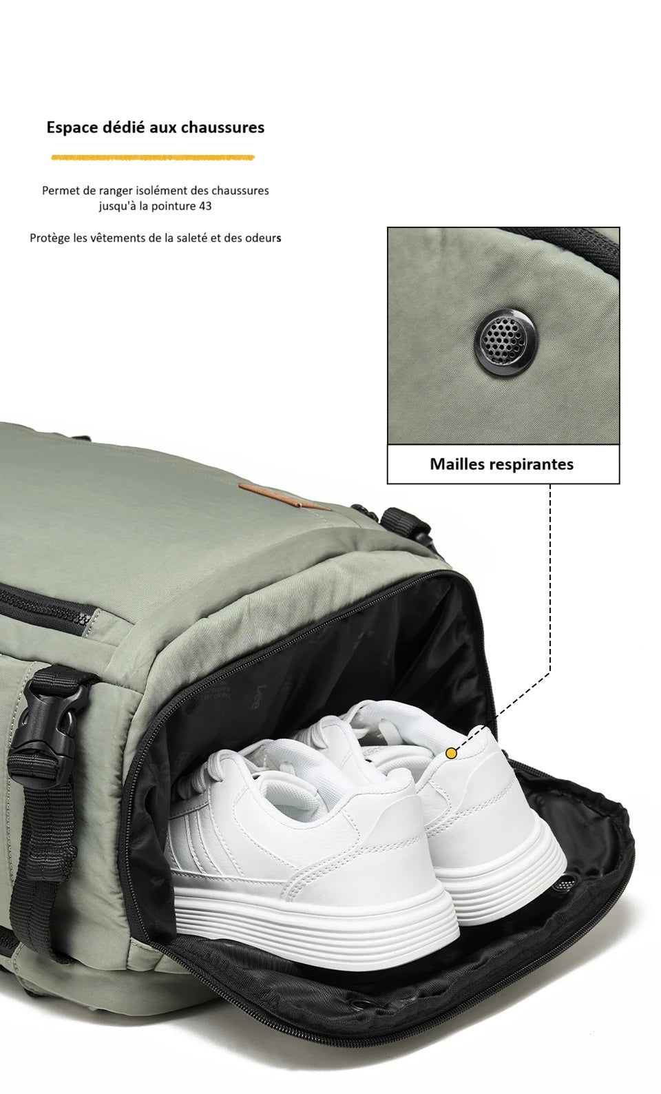 Sac à dos de voyage cabine Lee® 24L unisexe imperméable avec compartiment chaussures et poche humide, compatible ordinateur 16 pouces pour courts séjours et déplacements.