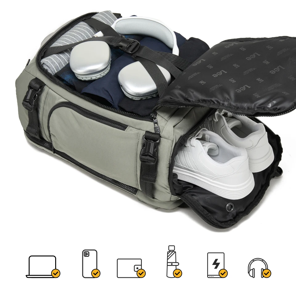 Sac à dos cabine Lee® avec ouverture 180°, passant pour trolley, bandoulières larges et multiples poches pour voyage, sport et usage quotidien.