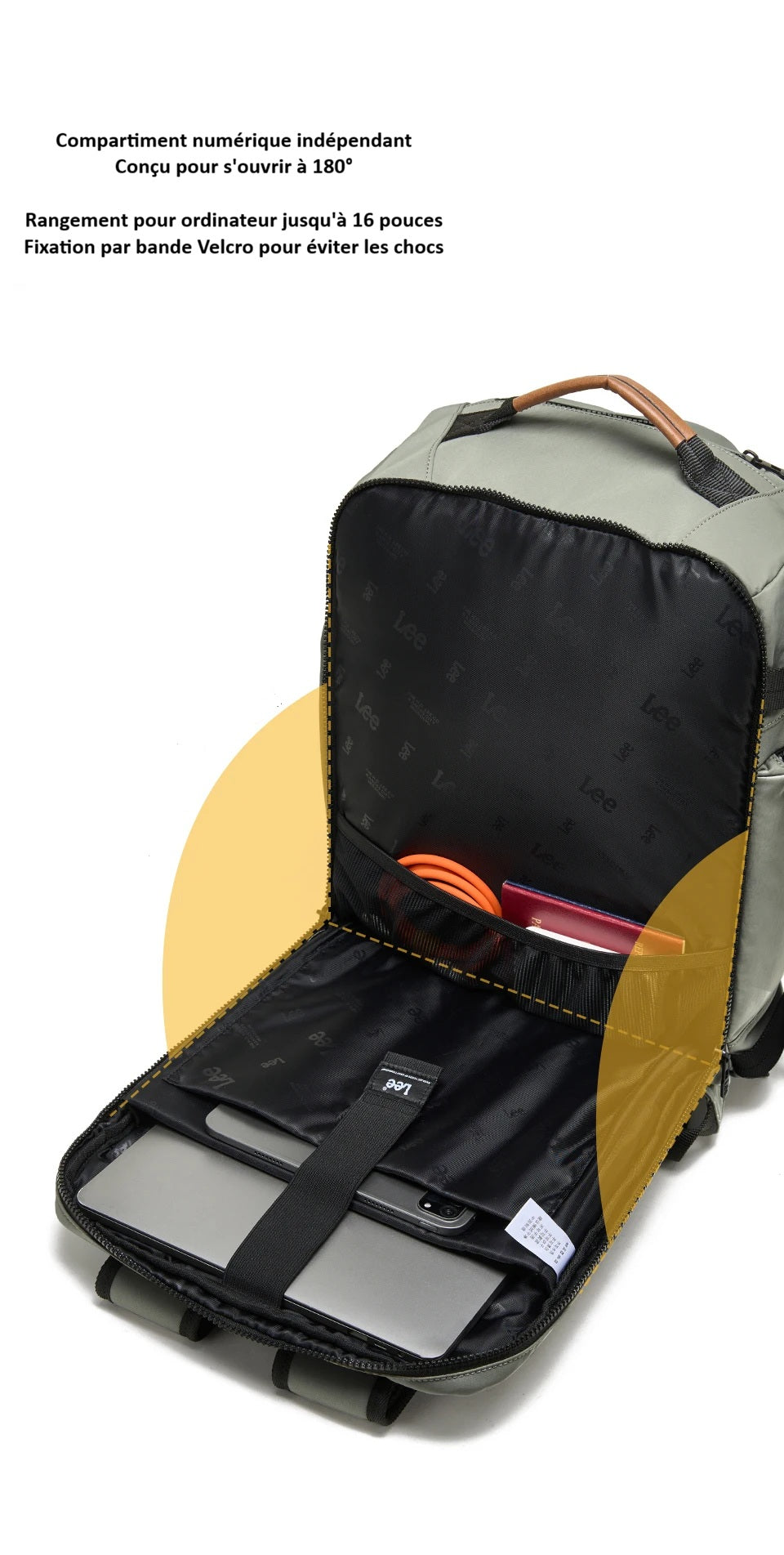 Sac à dos cabine Lee® avec ouverture 180°, passant pour trolley, bandoulières larges et multiples poches pour voyage, sport et usage quotidien.