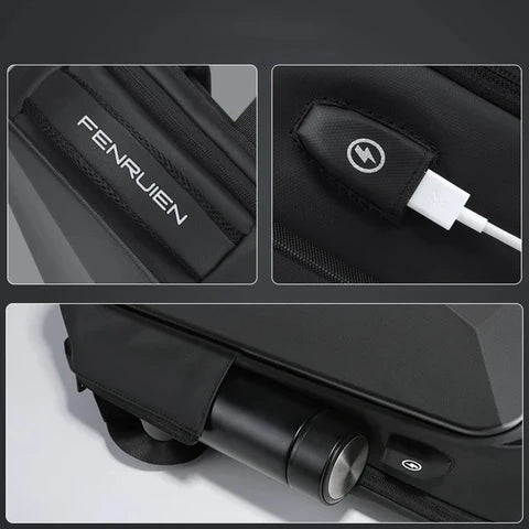 Sac-a-dos-antivol-nomad-shield, modèle Explorer Pro ouvert à 180° montrant son organisation pour ordinateur 15,6 pouces et tablette.