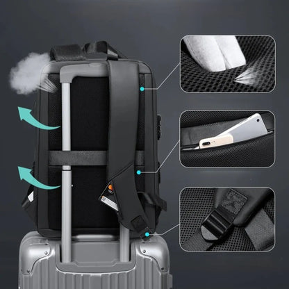 Sac-a-dos-antivol-nomad-shield, modèle Explorer Pro ouvert à 180° montrant son organisation pour ordinateur 15,6 pouces et tablette.