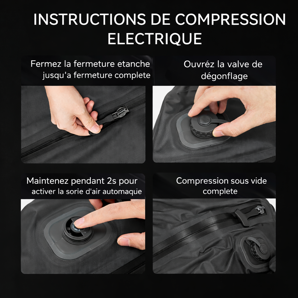 Instructions de compression electrique du sac de compression voyage avec valve et fermeture etanche