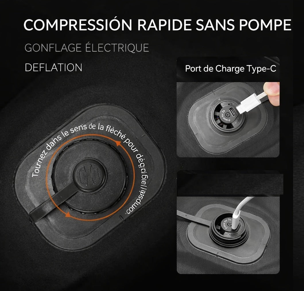 Detail de la valve de compression electrique et du port USB-C du sac de compression voyage