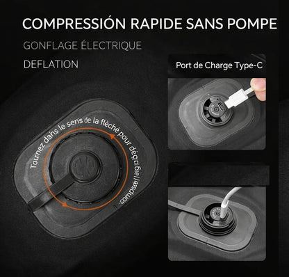 Detail de la valve de compression electrique et du port USB-C du sac de compression voyage
