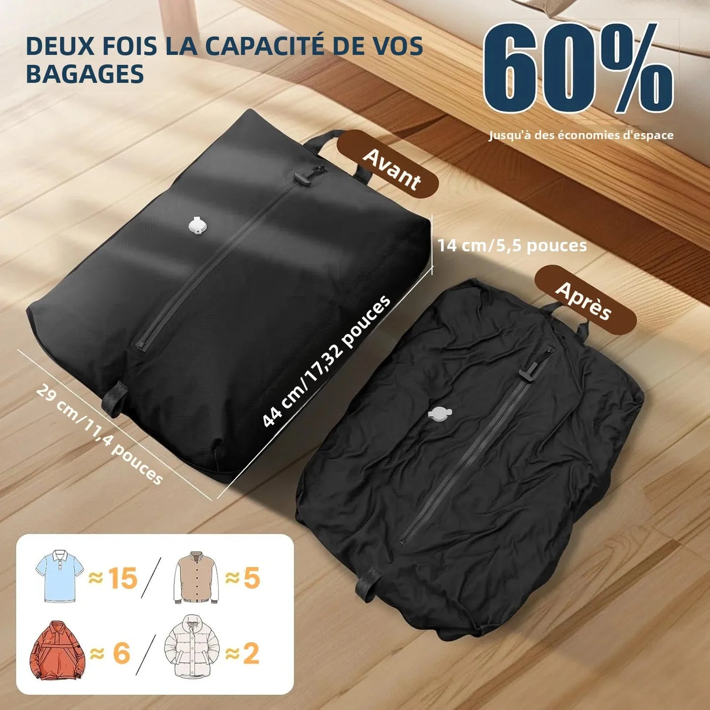Un sac de compression voyage est conçu pour réduire le volume des vêtements dans un bagage cabine ou un sac de voyage. Le format 17L permet une compression efficace tout en restant compatible avec les dimensions des valises cabine avion