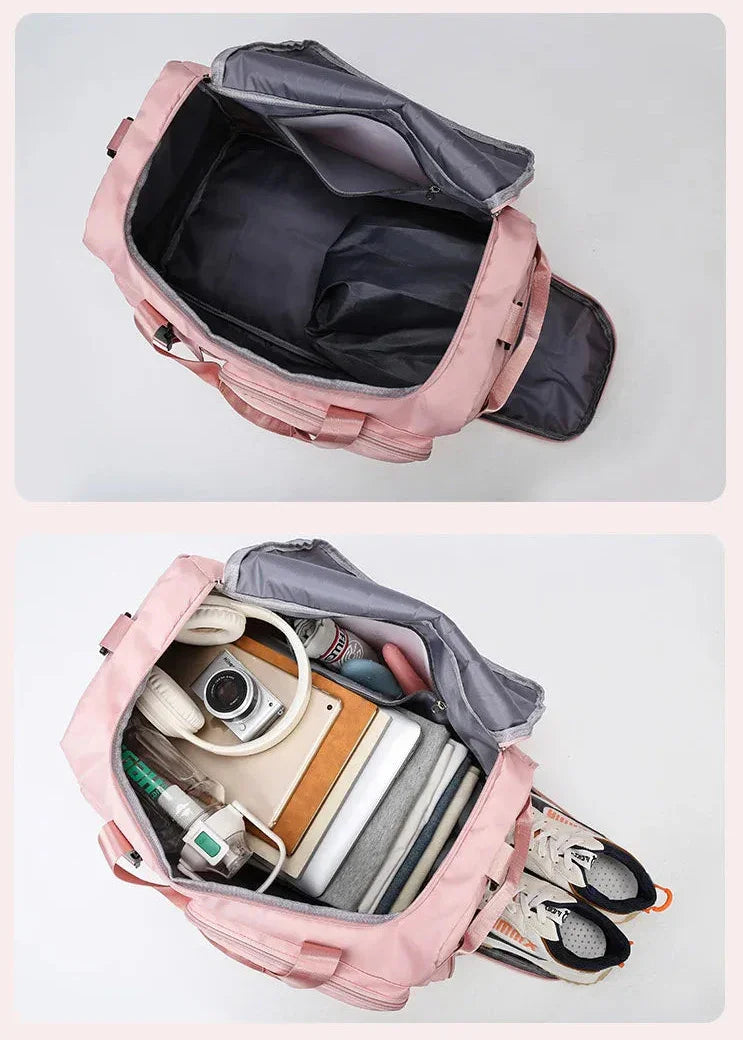 Le sac de sport femme Nuvoria™ se distingue par son design élégant et fonctionnel. Conçu en nylon imperméable, il protège vos affaires dans toutes les conditions. Son compartiment à chaussures ventilé garde vos baskets séparées et fraîches. Avec son grand espace principal, il accueille facilement vêtements, serviette et accessoires. Grâce à son manchon trolley intégré, il devient un parfait sac de voyage week-end. Ses poches zippées latérales permettent une organisation impeccable au quotidien. 