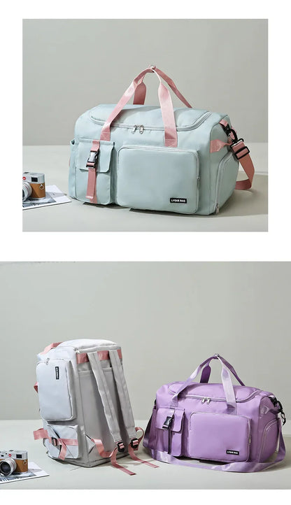 Le sac de sport femme Nuvoria™ se distingue par son design élégant et fonctionnel. Conçu en nylon imperméable, il protège vos affaires dans toutes les conditions. Son compartiment à chaussures ventilé garde vos baskets séparées et fraîches. Avec son grand espace principal, il accueille facilement vêtements, serviette et accessoires. Grâce à son manchon trolley intégré, il devient un parfait sac de voyage week-end. Ses poches zippées latérales permettent une organisation impeccable au quotidien. 