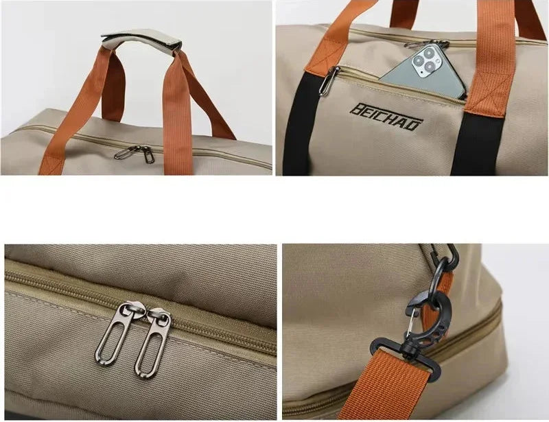 Découvrez le sac de sport femme Movella™, l'accessoire indispensable pour les femmes actives à la recherche d'un sac de sport femme imperméable en tissu Oxford résistant aux intempéries, un sac de sport femme avec compartiment séparé pour chaussures et linge humide pour une organisation hygiénique, un sac de sport femme polyvalent adaptable du bureau à la salle de sport avec capacité généreuse de 20-35L pour 3-5 jours d'affaires, un sac de sport femme élégant disponible en 7 couleurs tendance comme vert kak