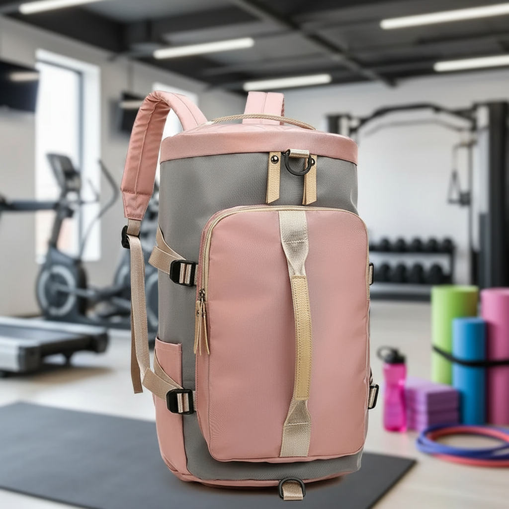 Sac de sport rose et gris dans environnement fitness