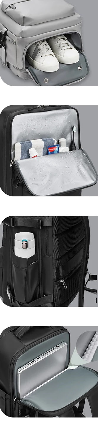 Sac de voyage à dos gris avec grande ouverture et compartiments organisés, sac à dos de voyage extensible pour avion, les options de rangement