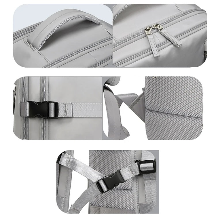 Sac de voyage à dos gris avec grande ouverture et compartiments organisés, sac à dos de voyage extensible pour avion, les details de fabrication