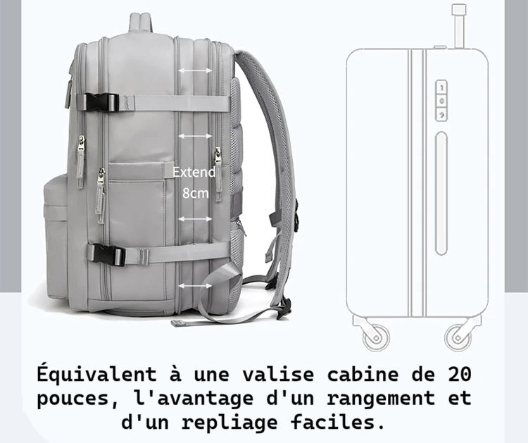 Sac de voyage à dos gris avec grande ouverture et compartiments organisés, sac à dos de voyage extensible pour avion, valise cabine