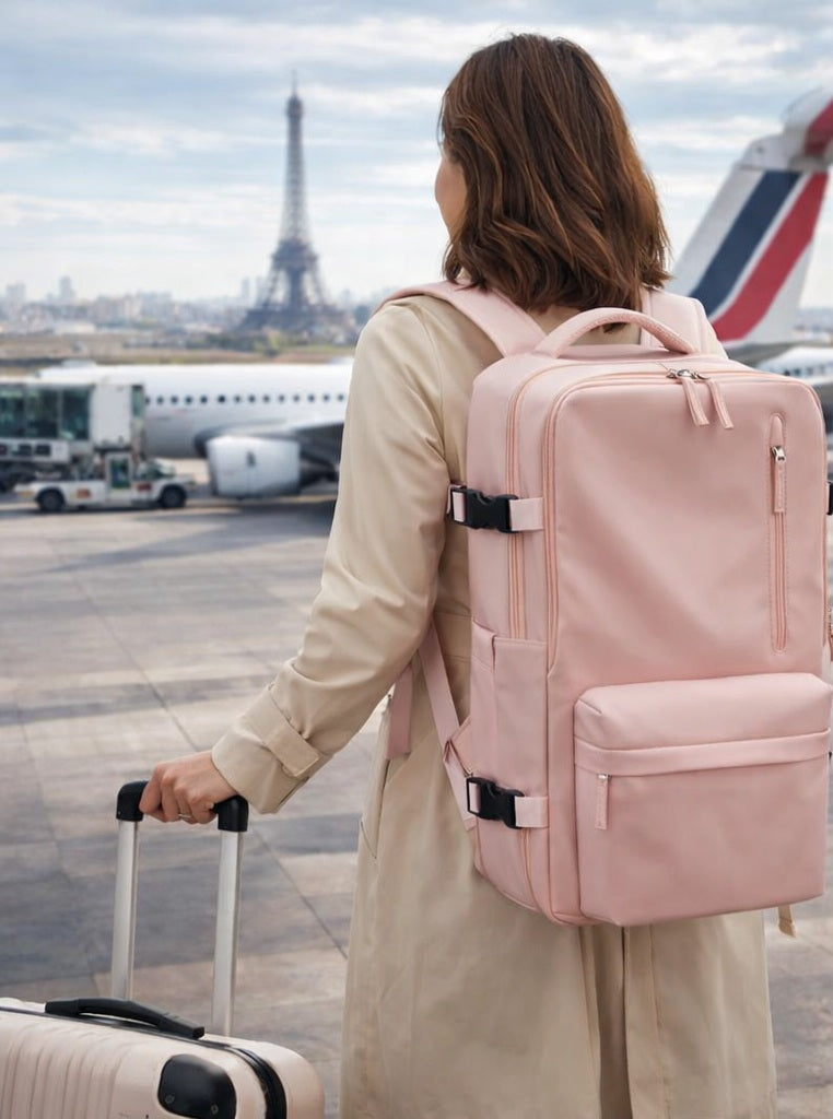 Sac de voyage à dos rose avec grande ouverture et compartiments organisés, sac à dos de voyage extensible pour avion, aeroport airfrance