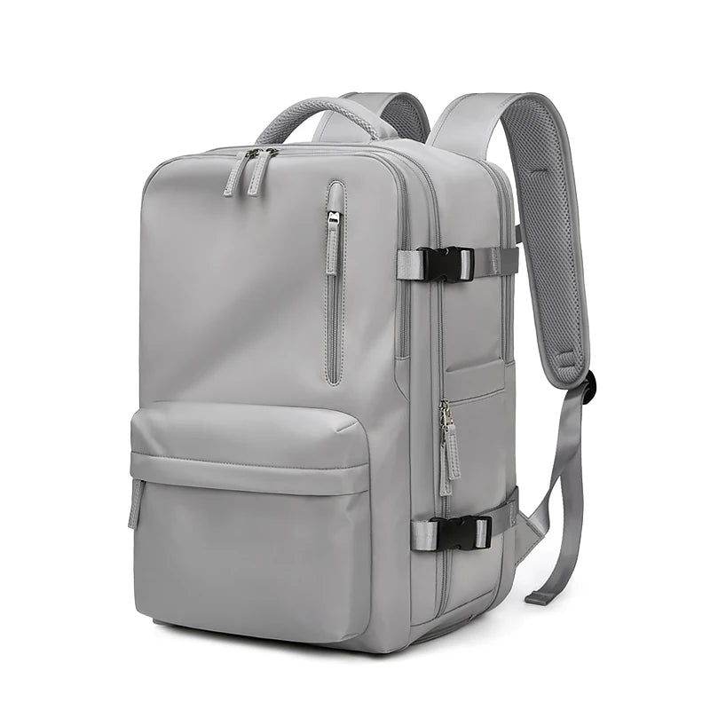 Sac de voyage à dos gris avec grande ouverture et compartiments organisés, sac à dos de voyage extensible pour avion, variante gris