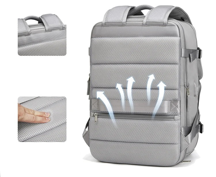 Sac de voyage à dos gris avec grande ouverture et compartiments organisés, sac à dos de voyage extensible pour avion, dos respirant, qualite superieur