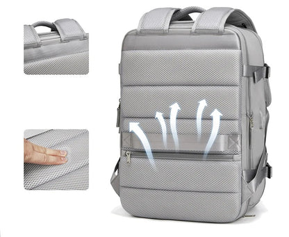 Sac de voyage à dos gris avec grande ouverture et compartiments organisés, sac à dos de voyage extensible pour avion, dos respirant, qualite superieur