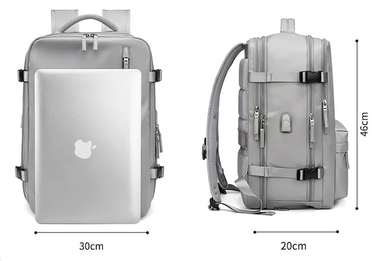 Sac de voyage à dos gris avec grande ouverture et compartiments organisés, sac à dos de voyage extensible pour avion, les dimensions