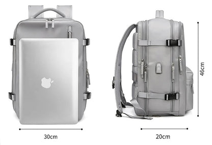 Sac de voyage à dos gris avec grande ouverture et compartiments organisés, sac à dos de voyage extensible pour avion, les dimensions