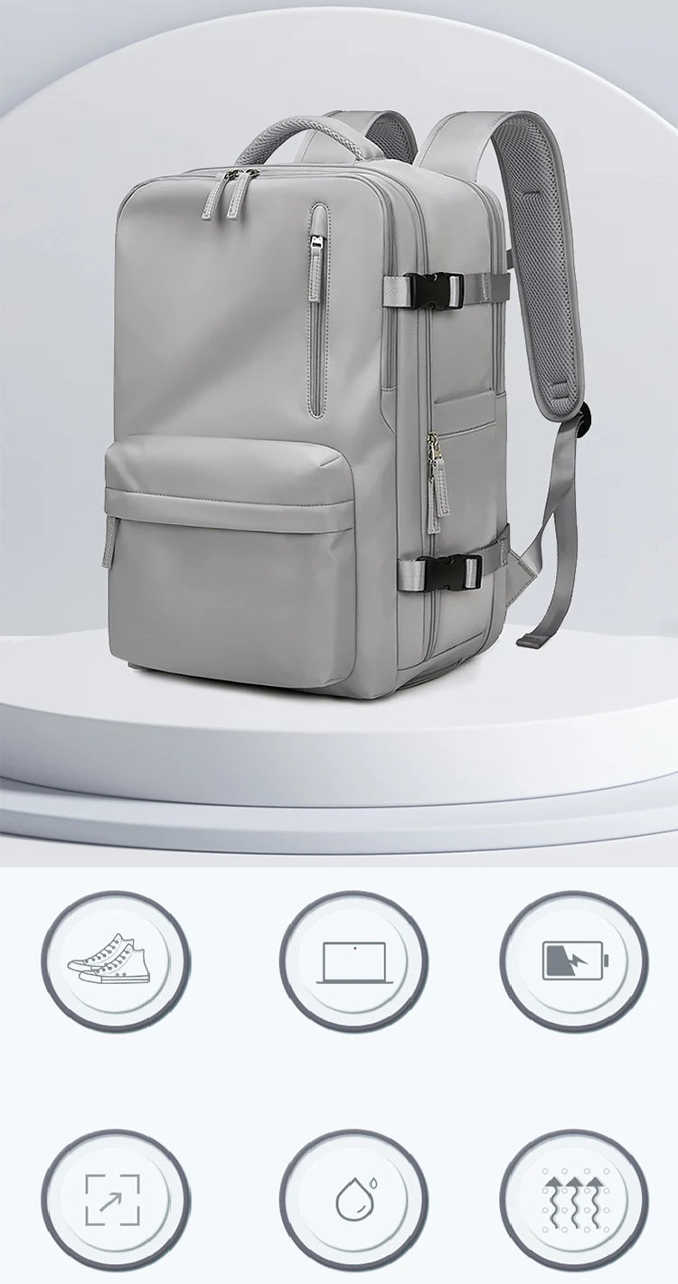 Sac de voyage à dos gris avec grande ouverture et compartiments organisés, sac à dos de voyage extensible pour avion, caracterestiques