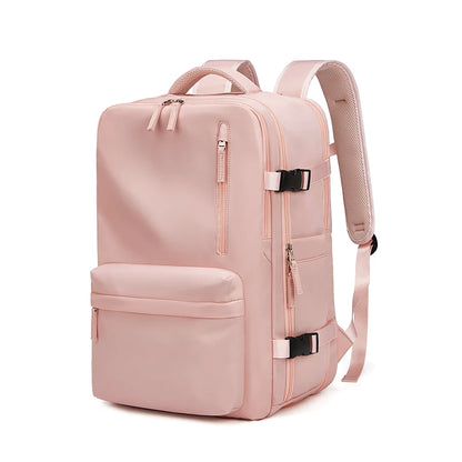 Sac de voyage à dos avec grande ouverture et compartiments organisés, sac à dos de voyage extensible pour avion, rose