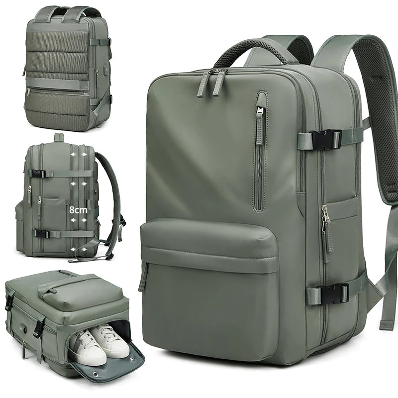 Sac de voyage à dos vert avec grande ouverture et compartiments organisés, sac à dos de voyage extensible pour avion, avec option de rangement