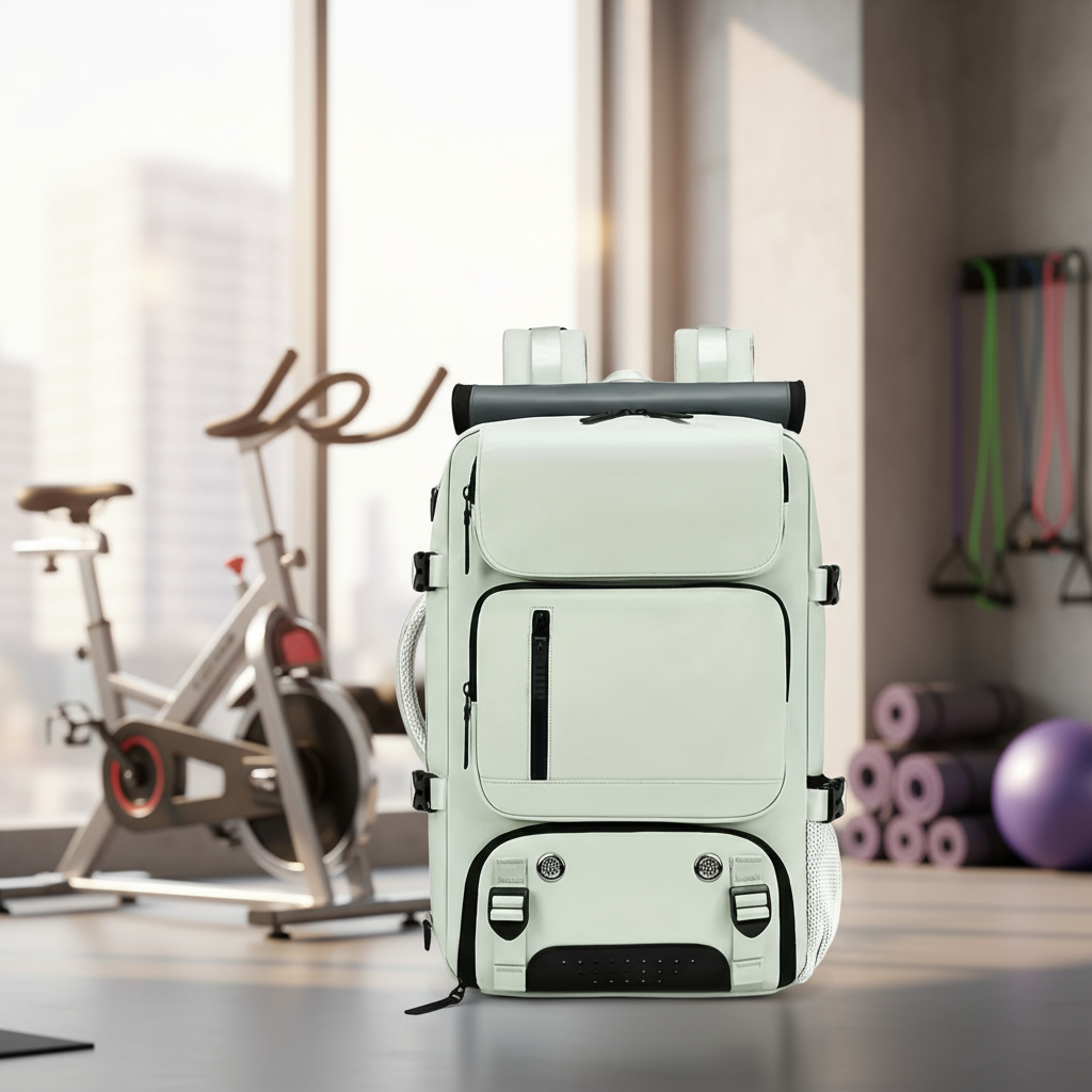 Sac à dos blanc dans environnement fitness