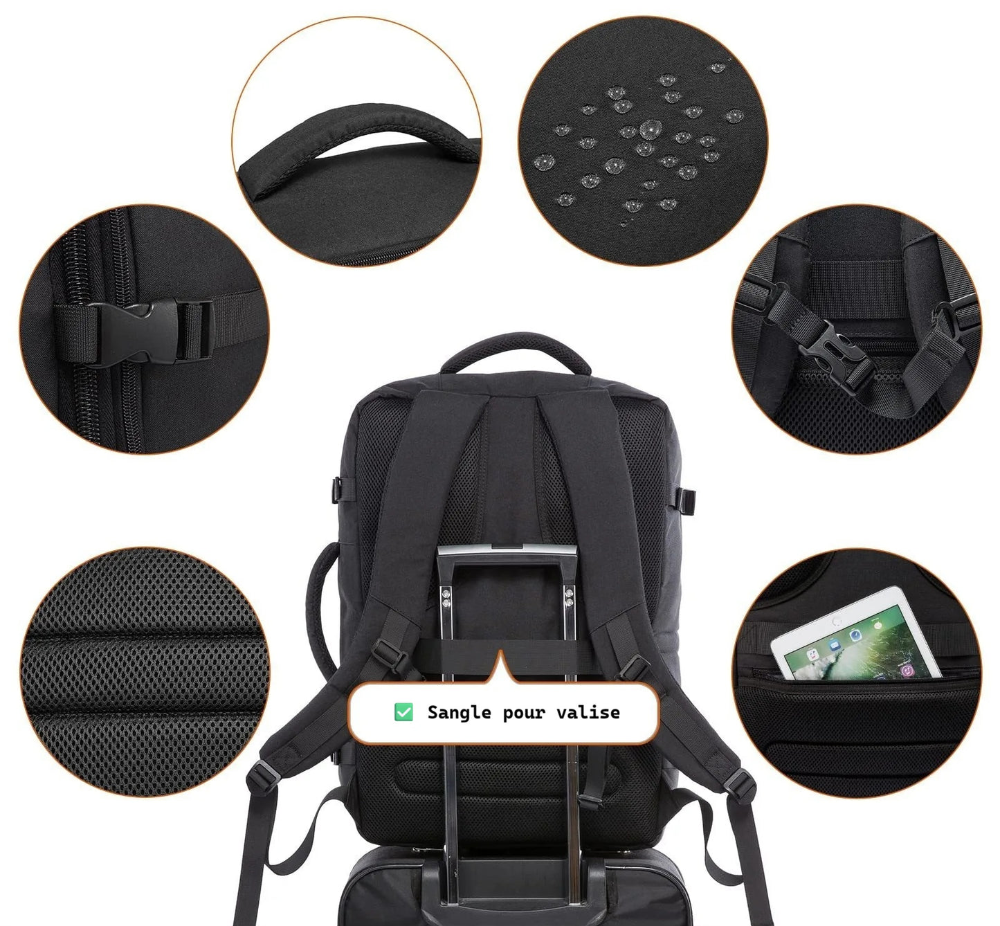 Sac valise cabine extensible homme 40L imperméable avec cubes de rangement inclus caracterestiques techniques