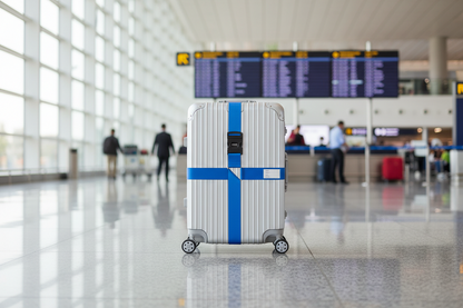 Sangle pour valise croisée antivol à code fixée sur une valise rigide argent, utilisée en situation réelle dans un aéroport, avec poignée télescopique tirée par un voyageur. aeroport France