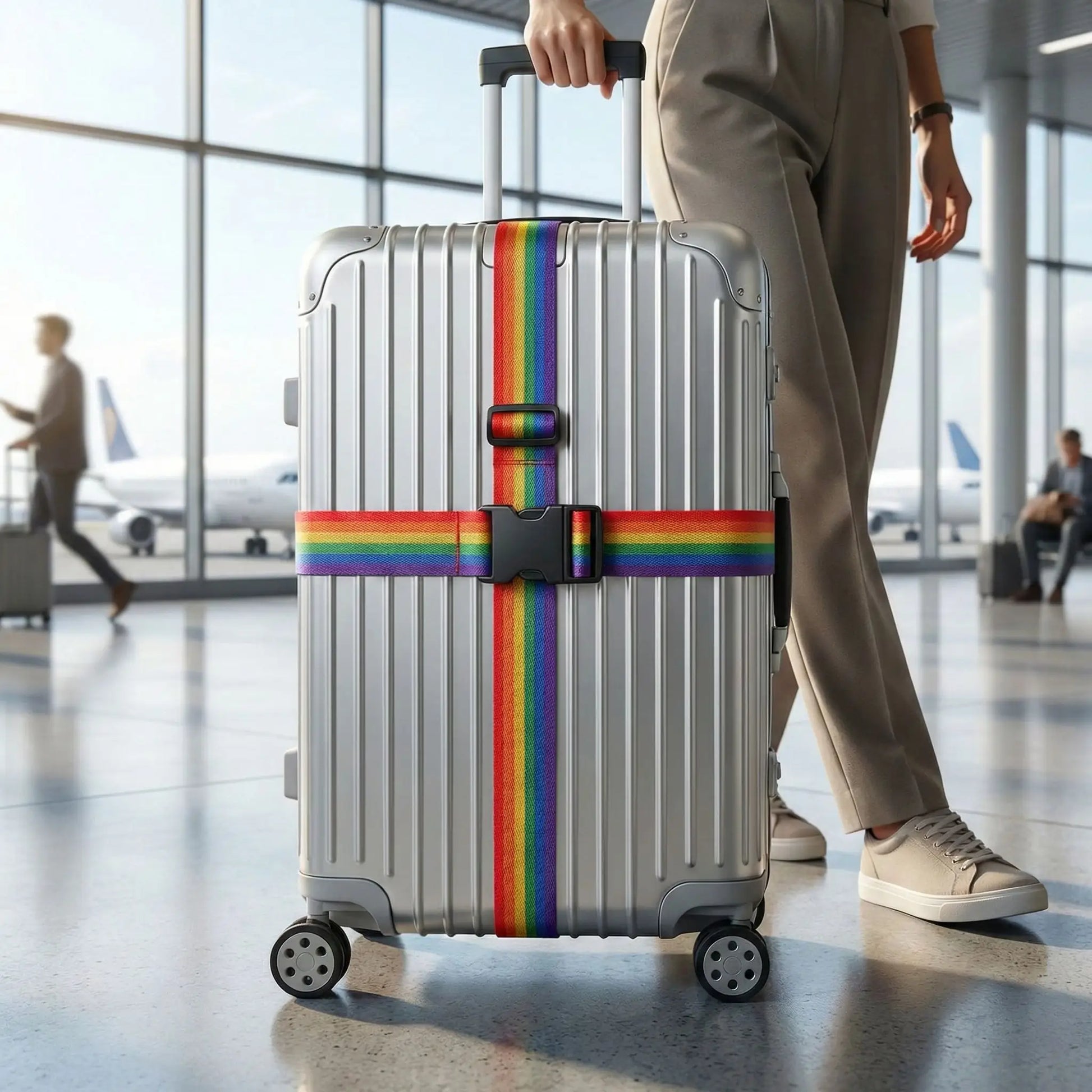 Sangle pour valise croisée antivol à code fixée sur une valise rigide argent, utilisée en situation réelle dans un aéroport, avec poignée télescopique tirée par un voyageur. Couleur arc en ciel voyage homme