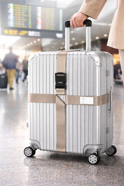 Sangle pour valise croisée antivol à code fixée sur une valise rigide argent, utilisée en situation réelle dans un aéroport, avec poignée télescopique tirée par un voyageur. couleur khaki, voyage femme