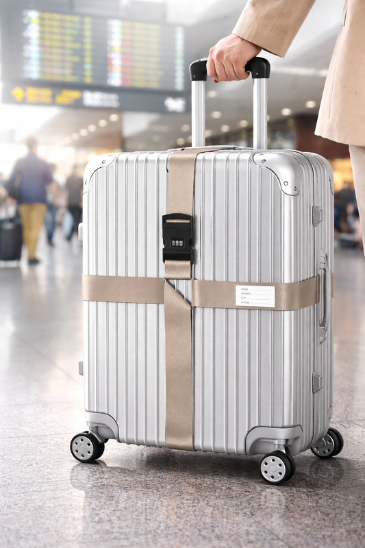 Sangle pour valise croisée antivol à code fixée sur une valise rigide argent, utilisée en situation réelle dans un aéroport, avec poignée télescopique tirée par un voyageur. couleur khaki, voyage femme