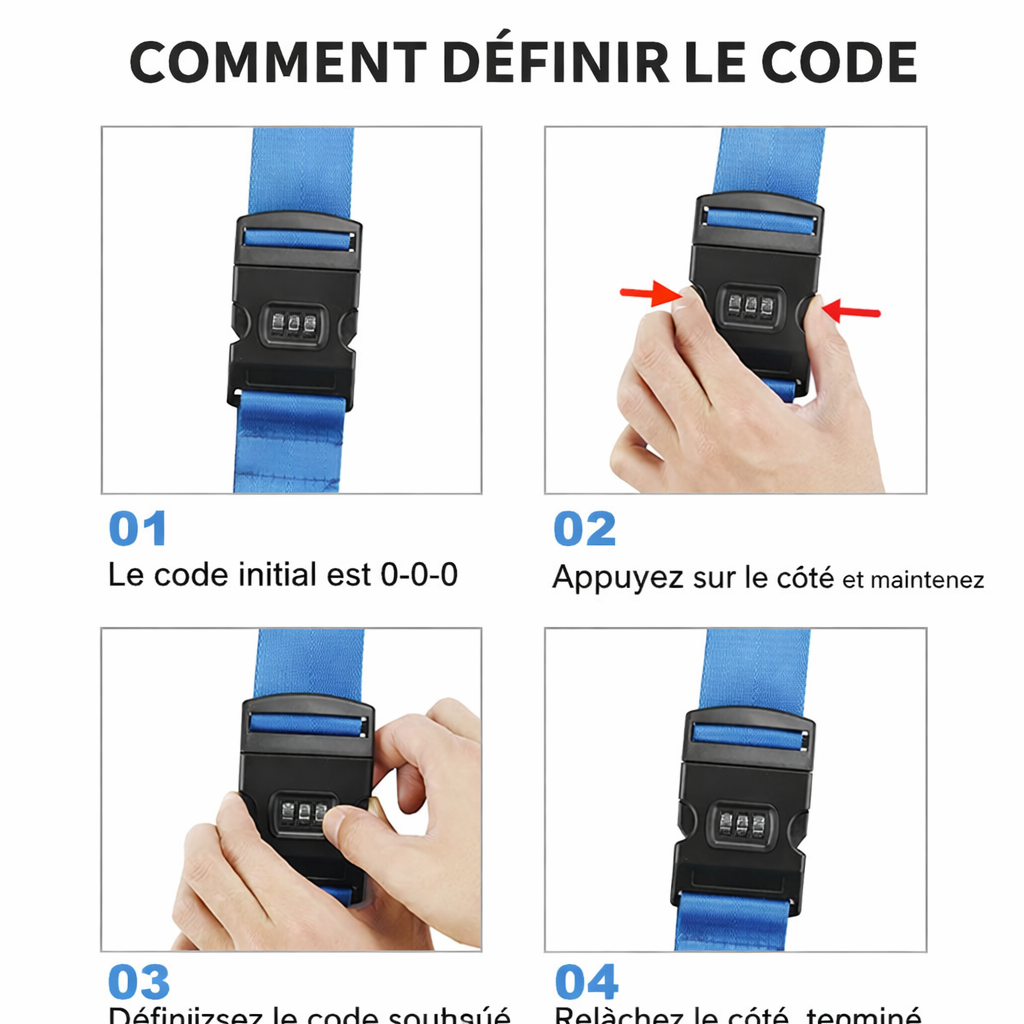 Sangle pour valise croisée antivol à code fixée sur une valise rigide argent, utilisée en situation réelle dans un aéroport, avec poignée télescopique tirée par un voyageur. mode de changement de mot de passe