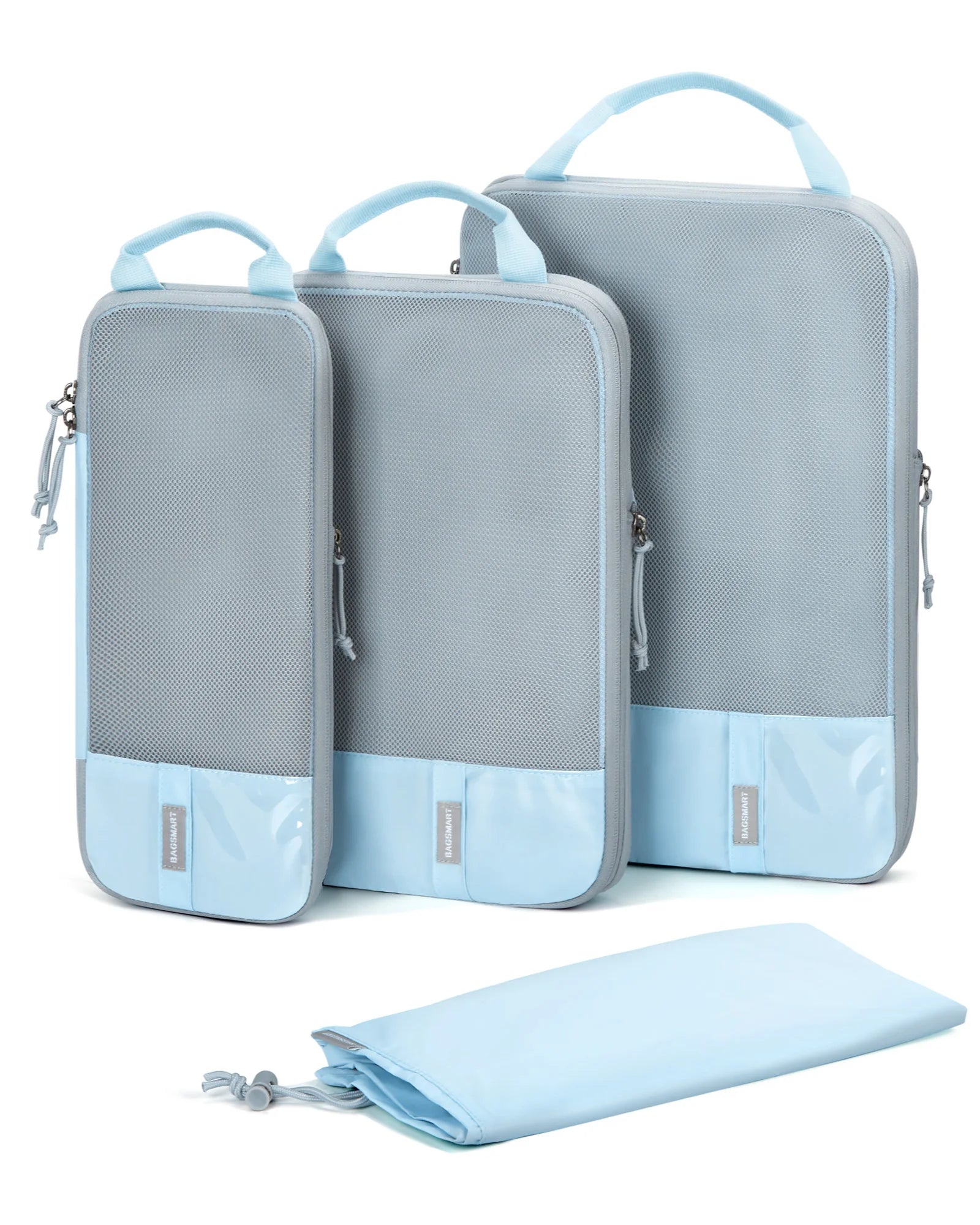 Organisateur de valise compression CompactFlex™ set 4 pièces, cubes de rangement compressibles pour valise cabine, gain de place, vêtements organisés et sans froissements.