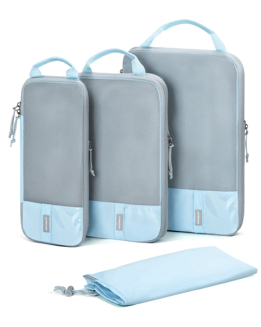 Organisateur de valise compression CompactFlex™ set 4 pièces, cubes de rangement compressibles pour valise cabine, gain de place, vêtements organisés et sans froissements.