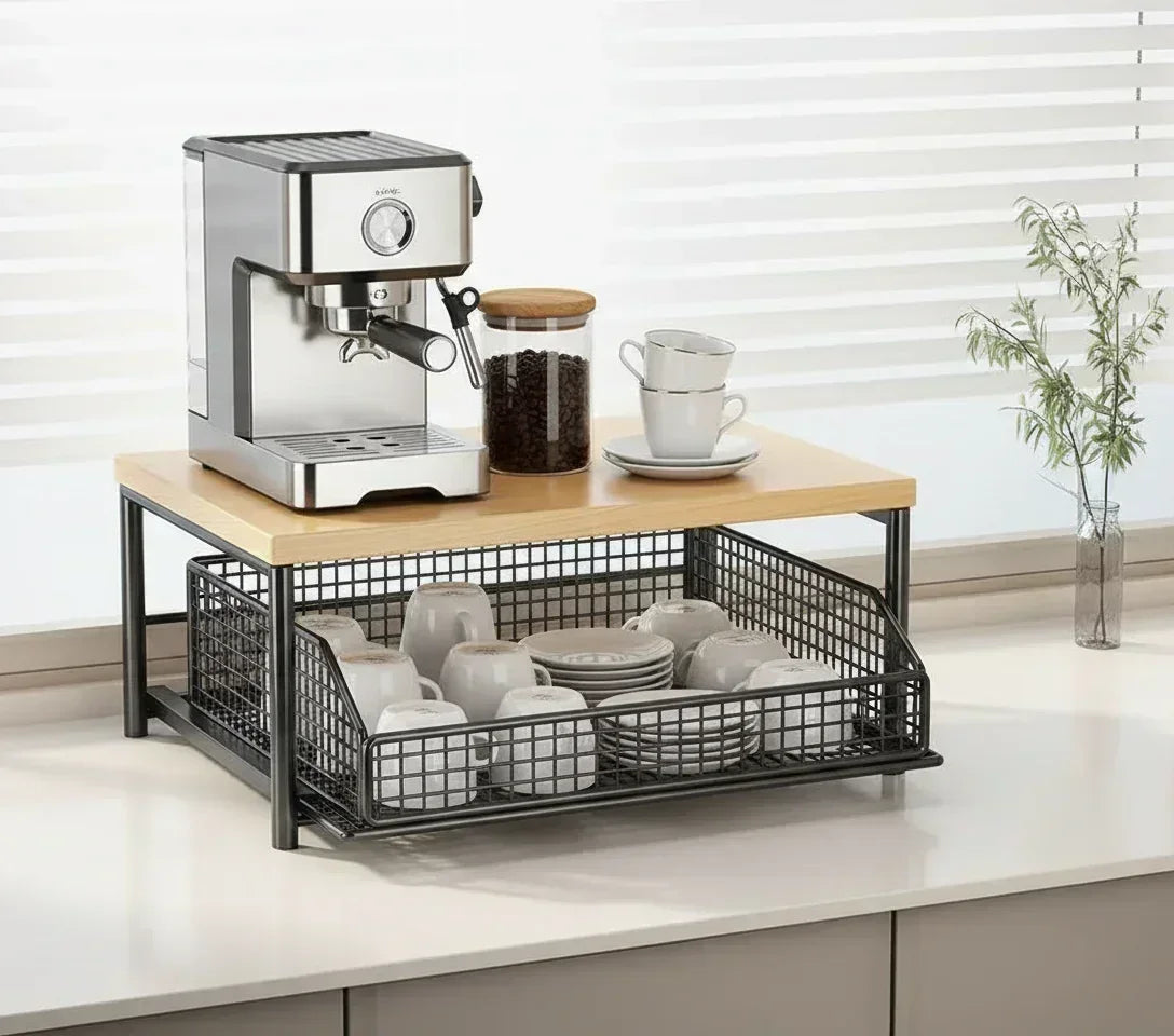 Support organisateur café avec tasses dans les paniers coin café cuisine, rangement café chic, organiser son espace café, machine à café design, coin café chic, cuisine épurée, rangement capsules café, rangement dosettes, étagère machine à café, tiroir coulissant café, conservation graines de café, bouteille conservation café, rangement tasses café, présentoir à tasses, mobilier cuisine organisé, accessoires rangement café, déco café chic, style scandinave café, élégance industrielle, minimalisme contempora