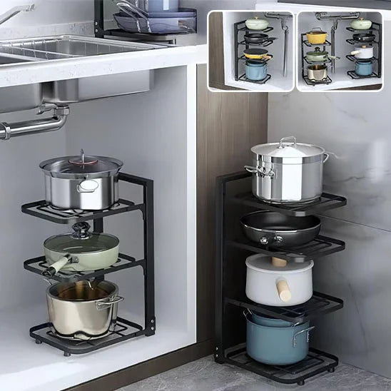 Étagère cuisine noire robuste pour ranger cocottes et poêles.

Organisation parfaite des casseroles dans l'étagère SmartCook™.

Détail du système de clips pour une hauteur réglable sur l'étagère.

Close-up sur la structure en acier inoxydable du range cocotte.

Étagère de cuisine remplie de divers ustensiles, wok et couvercles.

Fonctionnement du système à clipser pour ajuster les niveaux.

Étagère de rangement intégrée dans un placard de cuisine organisé.

Comparaison avant/après montrant le gain de place 