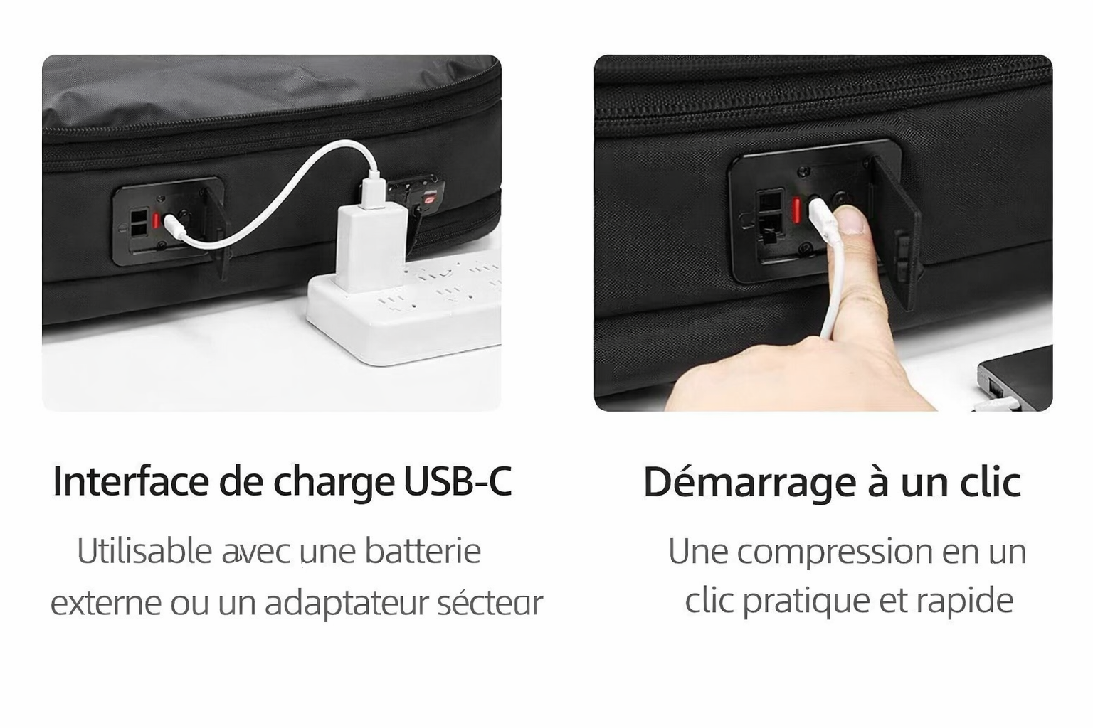 sac a dos cabine compression sous vide , dispositif de compression intgrée en un clic , comment activer la compression electrique integree