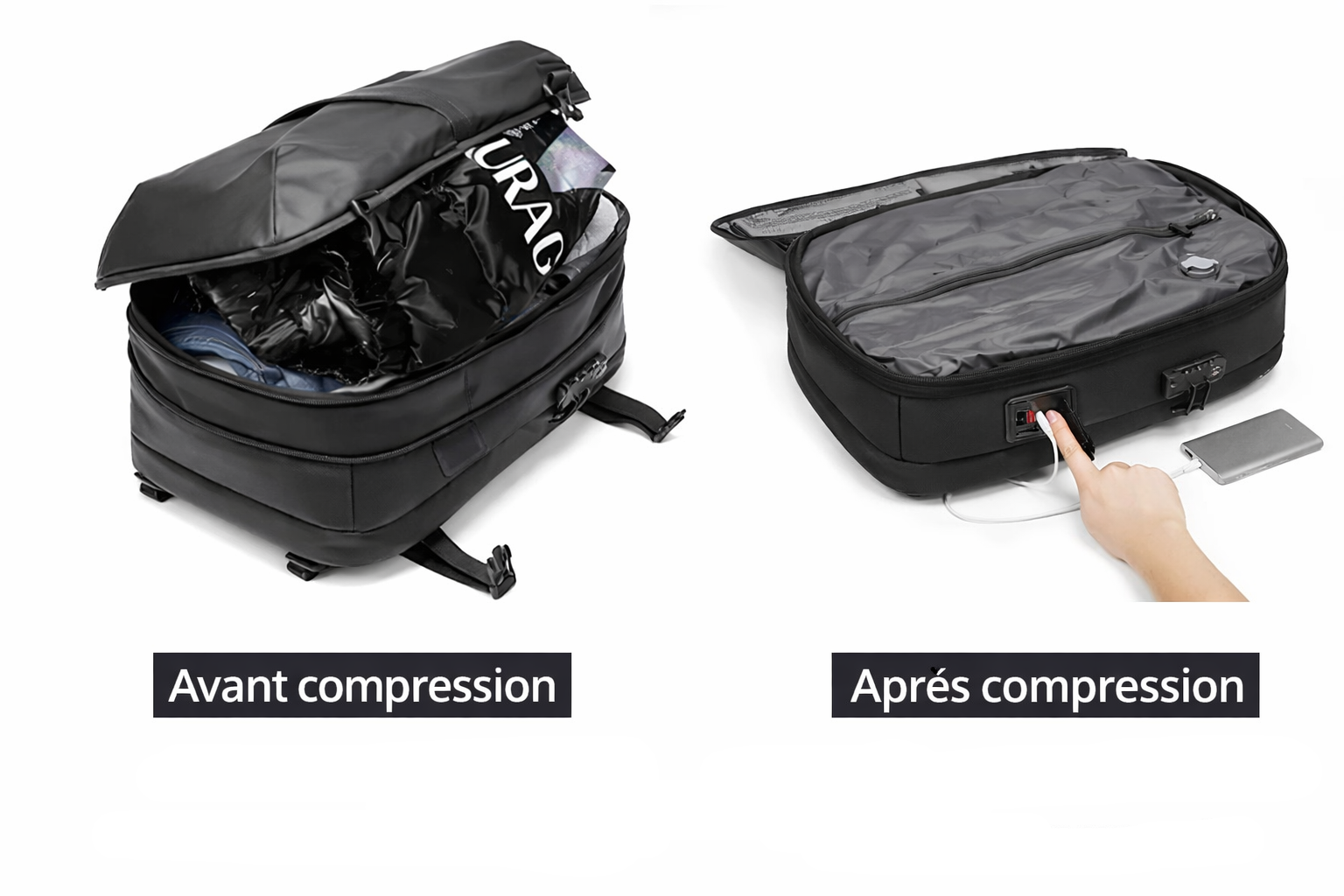 sac a dos cabine compression sous vide , dispositif de compression intgrée en un clic , avant et apres compression