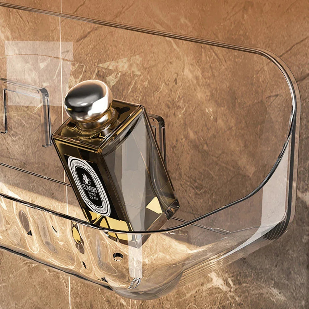 Étagère murale design LumiRack™ – élégante, sans perçage, en acrylique transparent. Sublimez salle de bain et maison avec style et praticité.