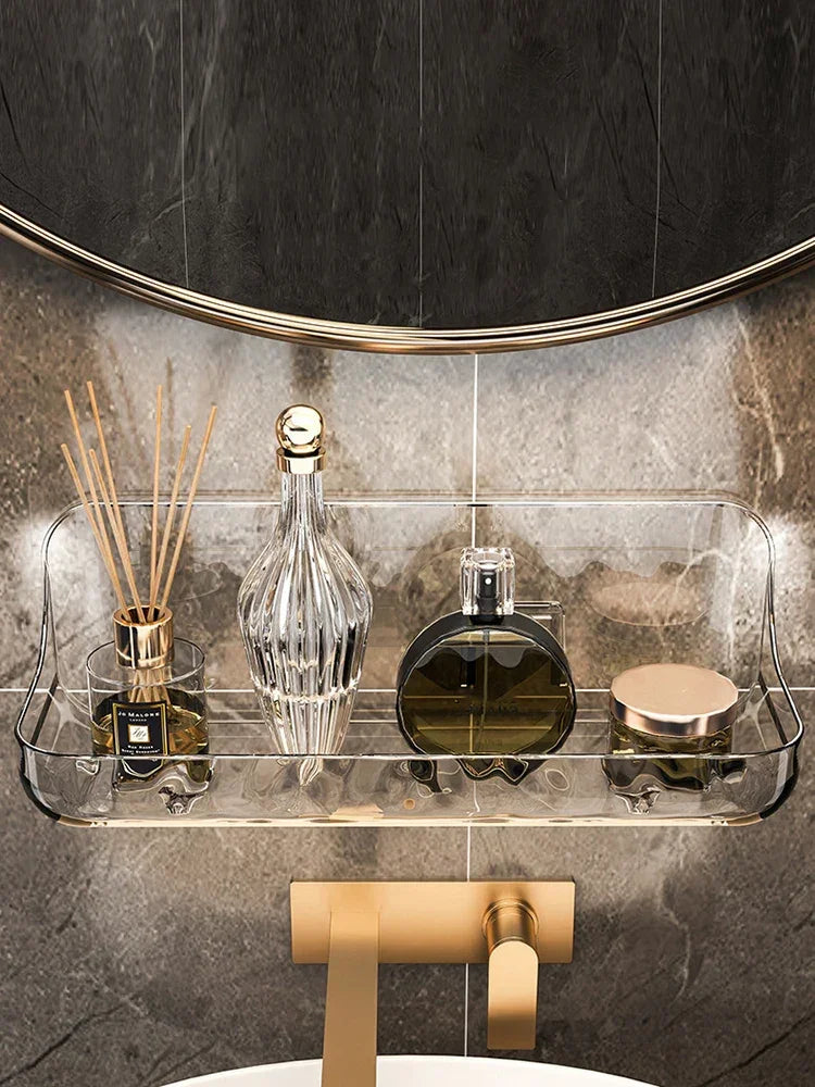 Étagère murale design LumiRack™ – élégante, sans perçage, en acrylique transparent. Sublimez salle de bain et maison avec style et praticité.