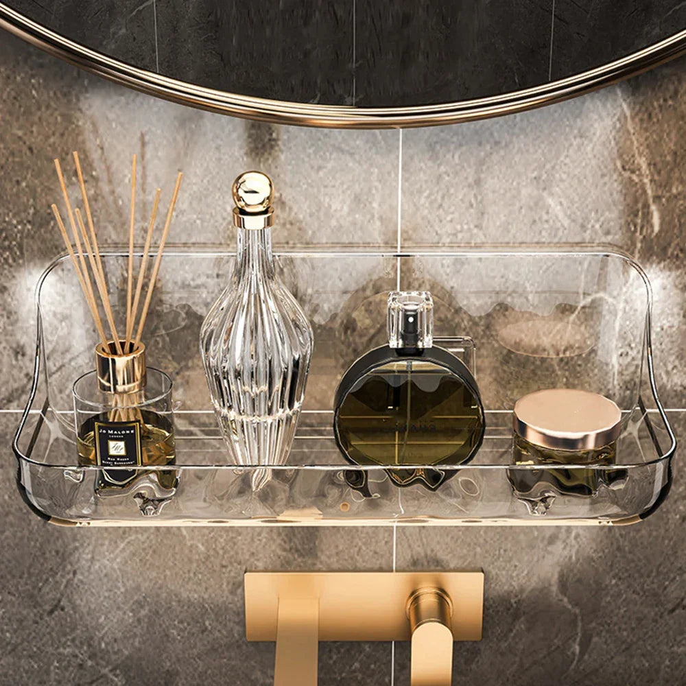 Étagère murale design LumiRack™ – élégante, sans perçage, en acrylique transparent. Sublimez salle de bain et maison avec style et praticité.