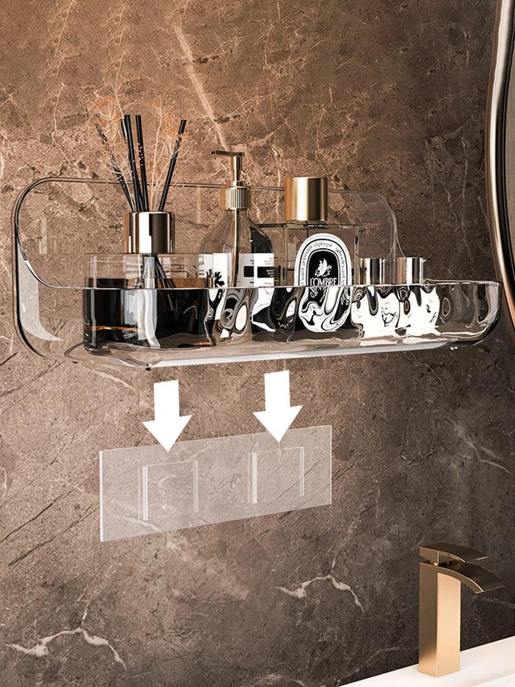 Étagère murale design LumiRack™ – élégante, sans perçage, en acrylique transparent. Sublimez salle de bain et maison avec style et praticité.