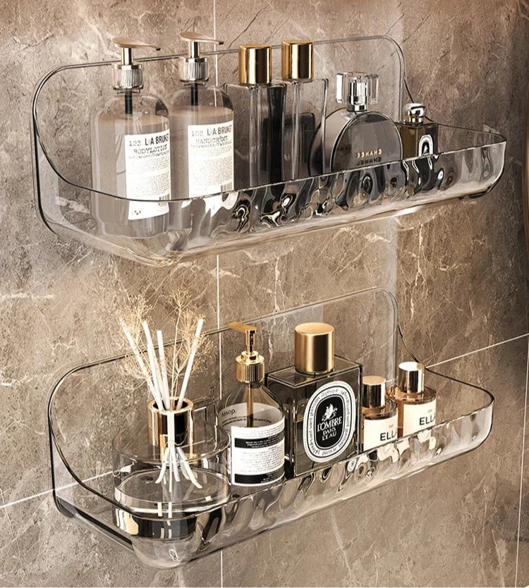 Étagère murale design LumiRack™ – élégante, sans perçage, en acrylique transparent. Sublimez salle de bain et maison avec style et praticité.