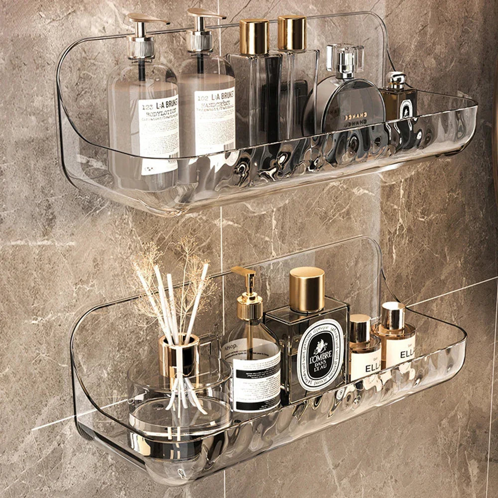 Étagère murale design LumiRack™ – élégante, sans perçage, en acrylique transparent. Sublimez salle de bain et maison avec style et praticité.