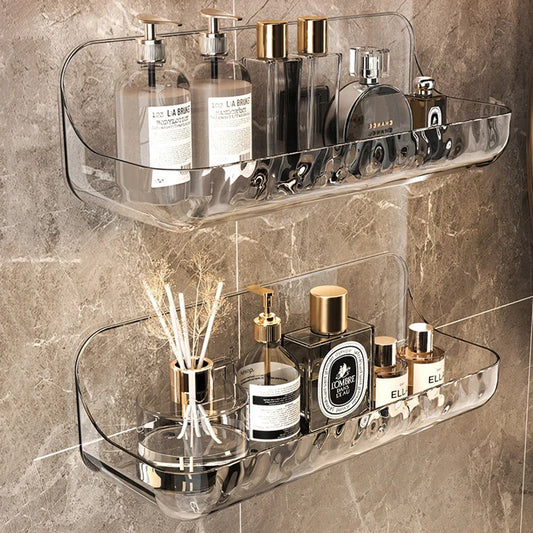 Étagère murale design LumiRack™ – élégante, sans perçage, en acrylique transparent. Sublimez salle de bain et maison avec style et praticité.